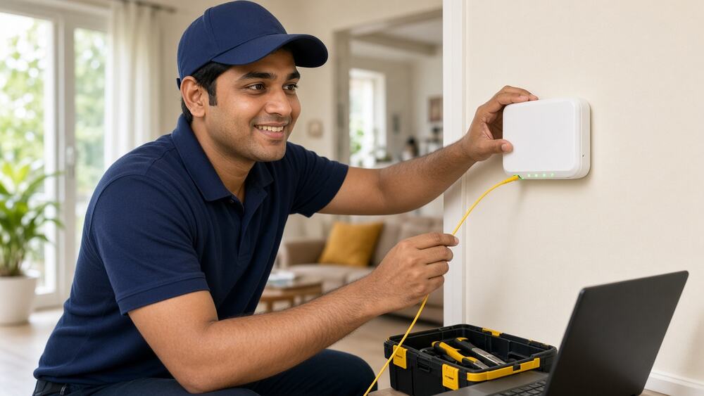 Neha Infonet technician installing a fiber Wi-Fi router